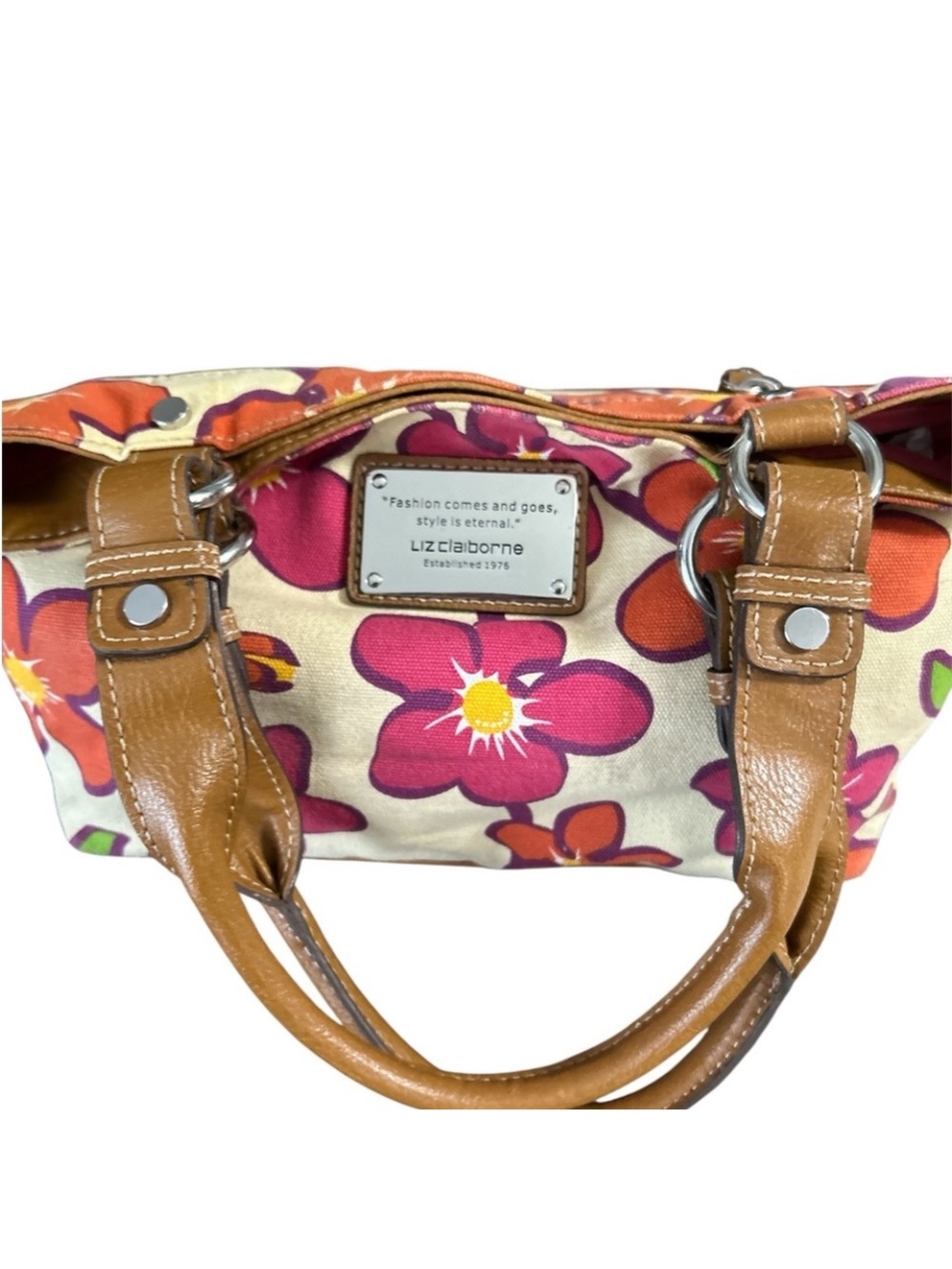 Liz Claiborne Pink Floral Canvas Handbag with Tan Leather Handles Mini